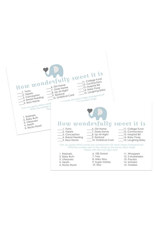 Elephant Baby Shower Candy Guessing Game 25 Cards - Hilarious Funny Candies Match Activity - Boys Little Peanut Theme Blue and Grey - Printed 4x6 - Paper Clever Party