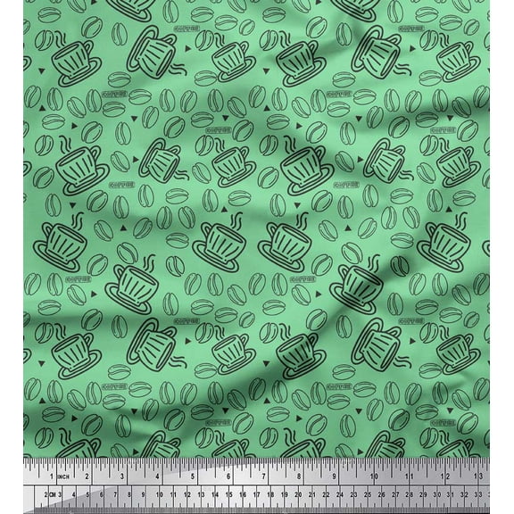 Soimoi Green Cotton Duck Fabric Coffee Food Print Sewing Fabric Yard 42 Inch Wide