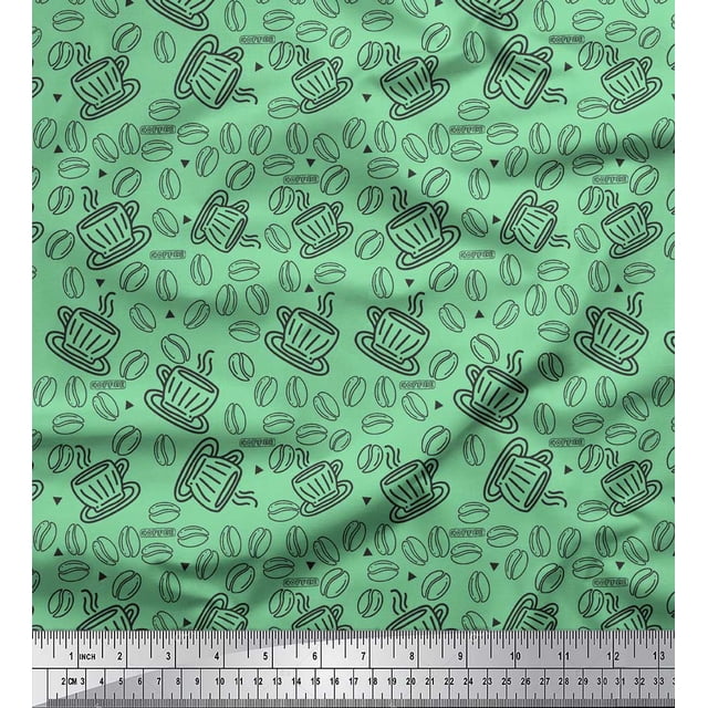 Soimoi Green polyester Crepe Fabric Coffee Food Print Sewing Fabric Yard 42 Inch Wide