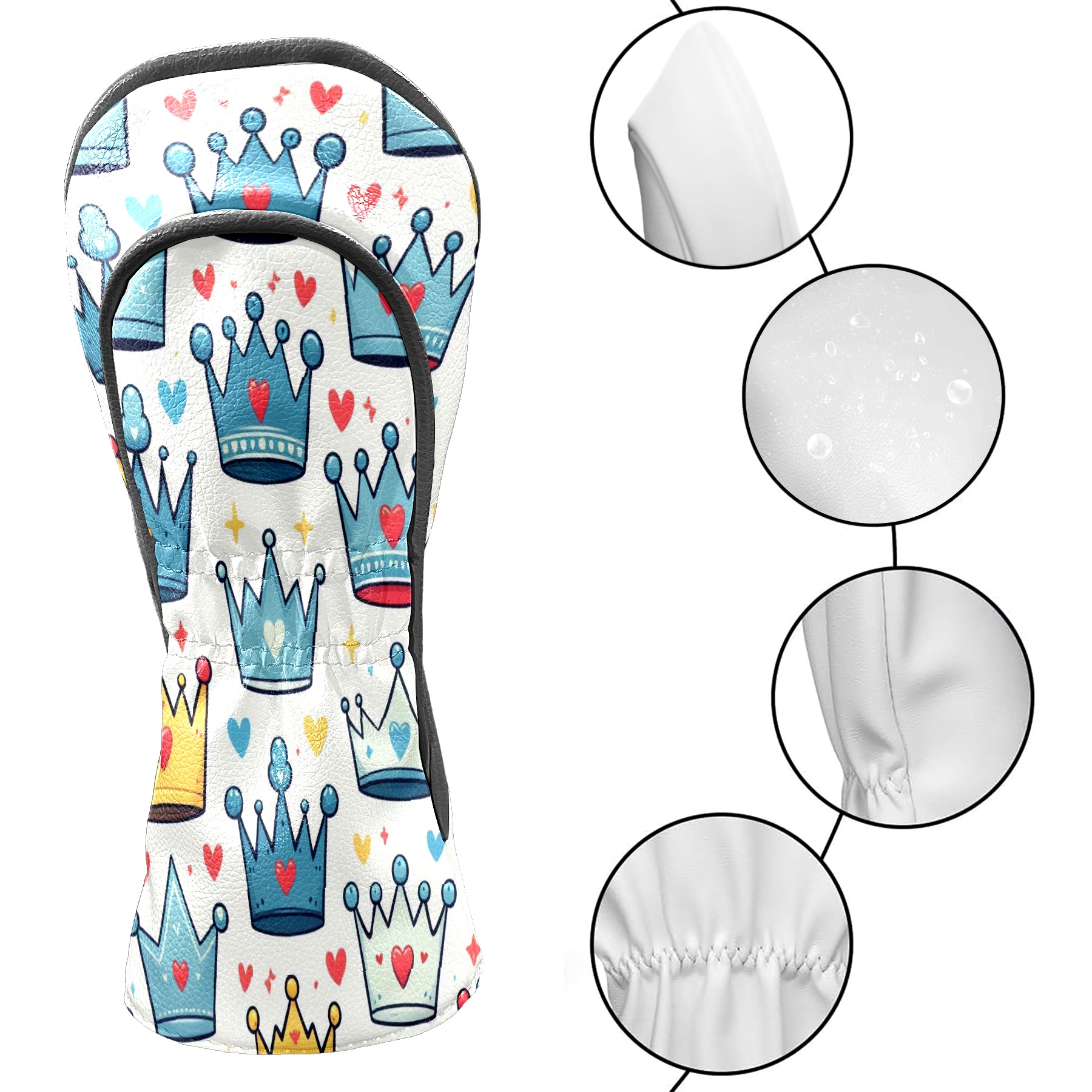 Golf Club Covers, LightBlue Crown Heart Premium PU Leather Driver Hybrid Putter Head Covers with Velvet Lining, Waterproof Golf Gifts for Men Women