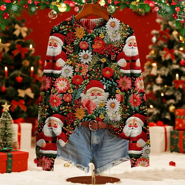 Chandails d'Hiver Grande Taille pour Femmes Chandails de Noël pour Femmes Chandail en Molleton de Saison Imprimé Graphique Manches Longues Tricot Rouge G