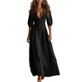 thumbnail image 2 of QUNYINEY Puff Short Sleeve Plus Size Dresses for Women Black Long Cotton Summer A Line Dress Casual Slim Fit V Neck Flowy Button Dresses, 2 of 7