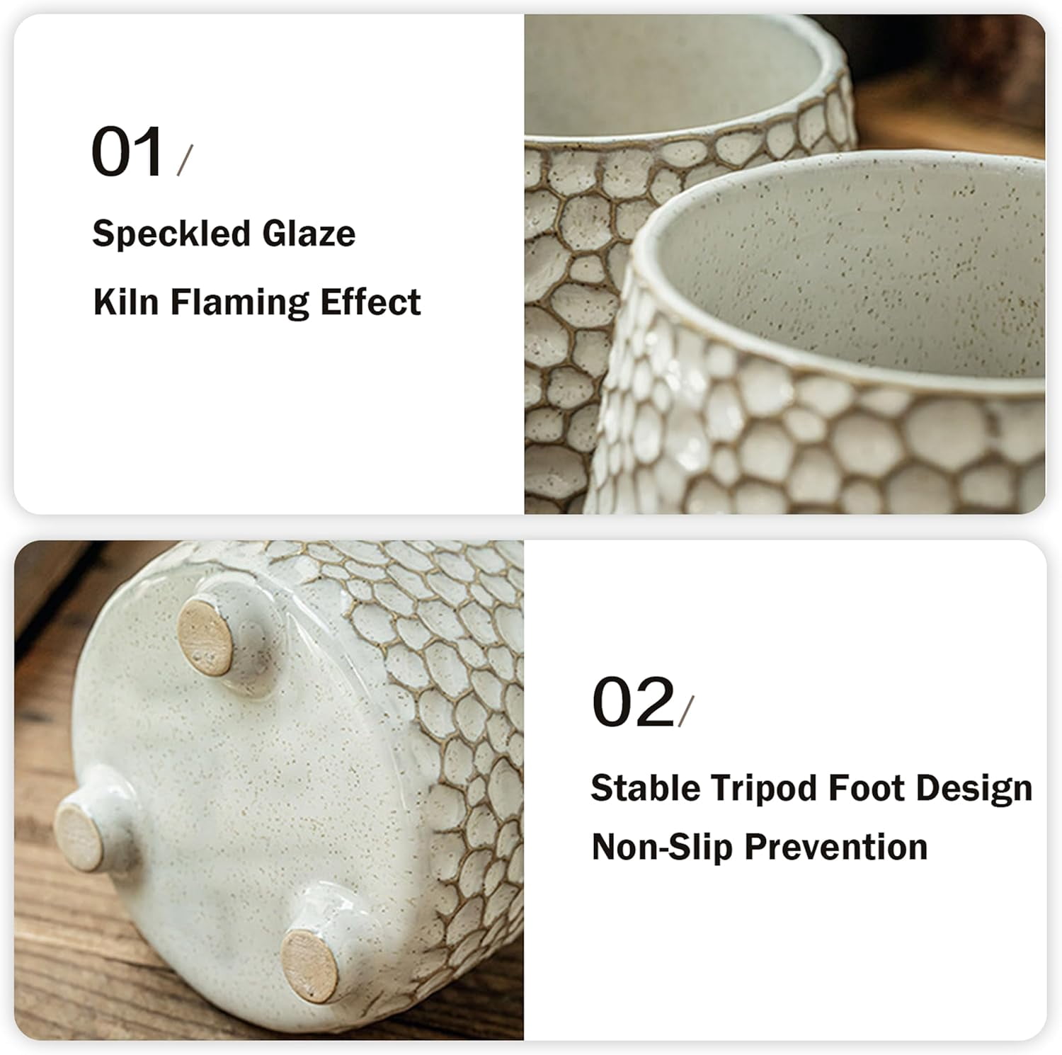 ABCISI Ceramic Utensil Holder for Countertop, 4.5-Inch Embossed Farmhouse Crock with Stable Triangular Base, Cream White Textured Kitchen Counter Organizer