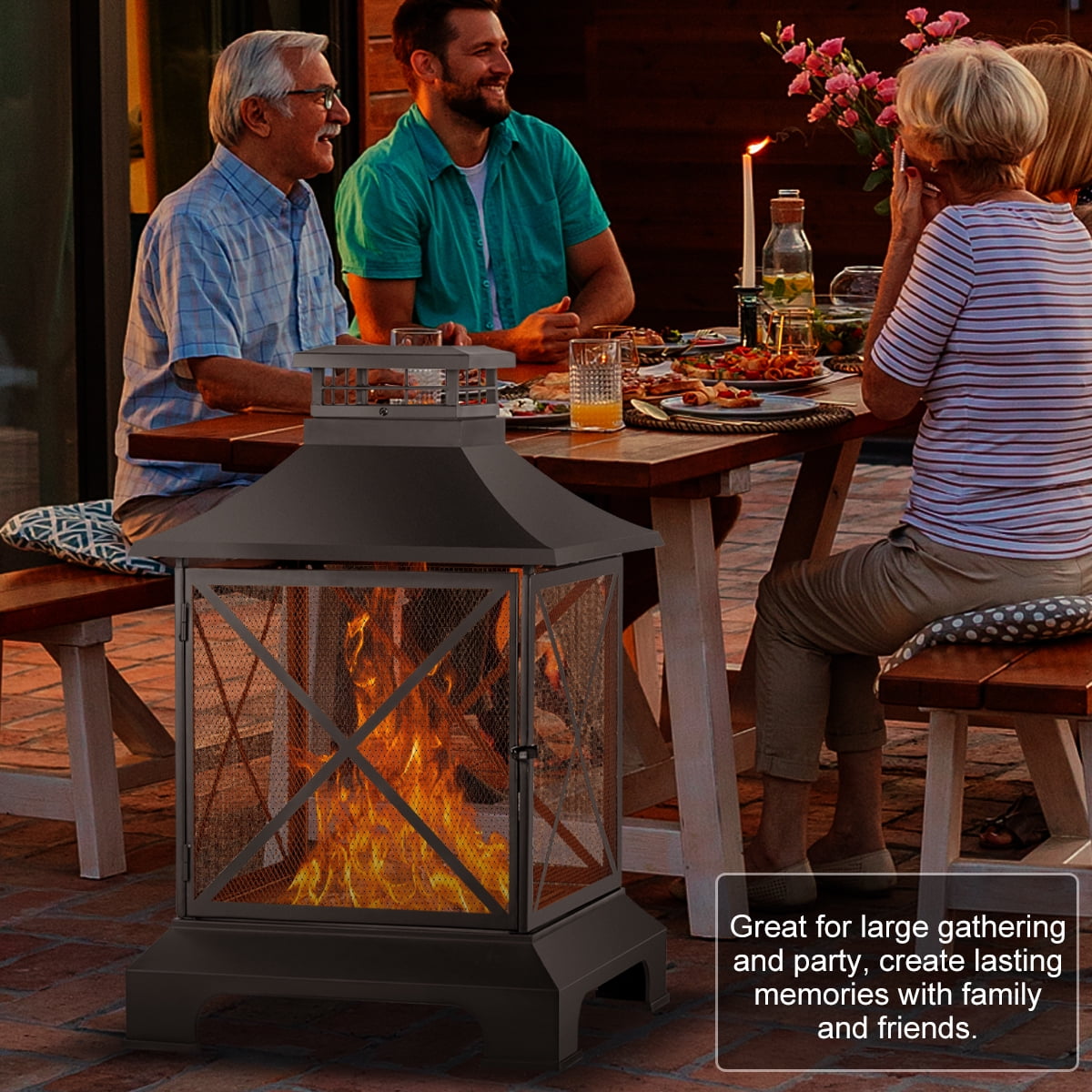 Aimee Lii 24" Pagoda-Style Steel Wood-Burning Fire Pit with Log Grate and Poker for Camping Bonfire, Outdoor Heating, Bonfire, and Picnic, Black