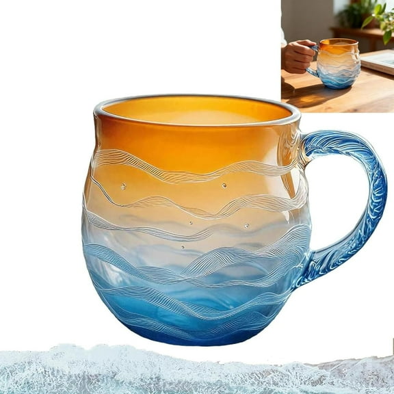 Glass Ocean Wave Coffee Mugs,Golden Tide Mug,  Handcrafted Glass Unique Waves Shape Design for Ocean Lovers (1PCS)