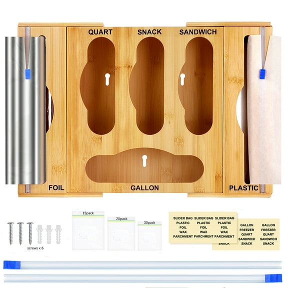 Bamboo Ziplock Bag Storage Organizer, FULANDL Foil and Plastic Wrap Organizer Wrap Dispenser with Cutter, Drawer Organizer for Gallon, Quart, Sandwich, Snack, Fit for Wall Hanging