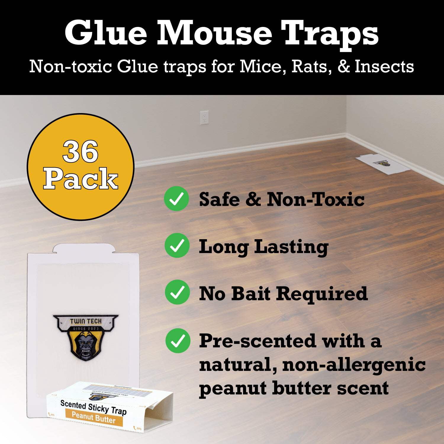 TwinTech Mouse Glue Boards, Pro Strength | Ready-to-Use Adhesive Traps | Pro-Scented Adhesive | Indoor Use | 36 Count