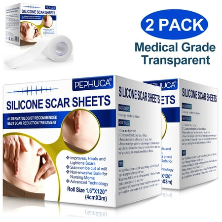 Pephuca Medical Grade Silicone Scar Sheets,Reusable and Breathable Silicone Gel Tape for Scar Removal,120inch x 1.6inch Roll Reusable 6 Months Supply,Transparent - 2 Pack