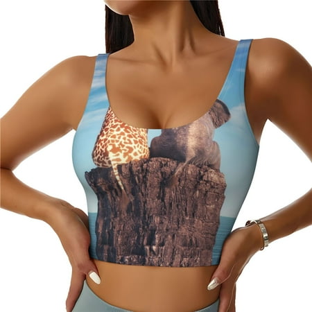 Matuu Elephant And A Giraffe Sitting On A Rock Admiring The Ocean for Women s Sports Bra - Soft  Comfortable and Breathable Sports Vest for Yoga  Fitness  and Dance-Small