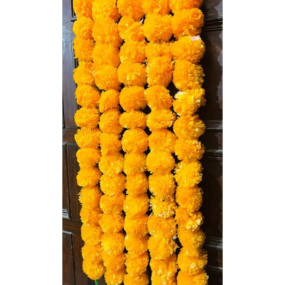 Pack of 5 Strings Indian Yellow and orange Artificial Decorative Marigold Flower Garland Strings for Diwali, Christmas, Wedding Party Decoration Strings