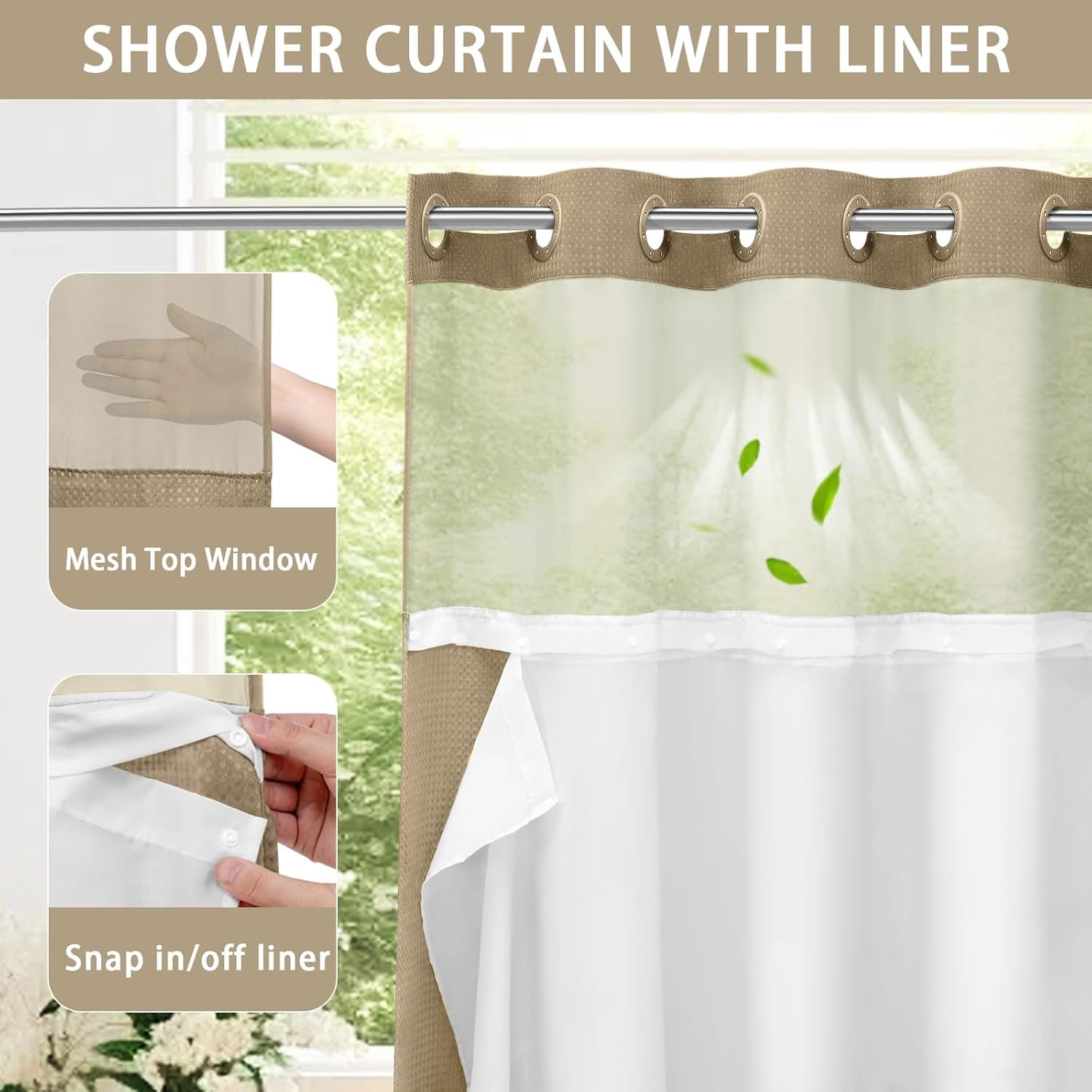DawnJoanHD Waffle Weave No Hook Shower Curtain with Snap-in Liner, Beige Polyester Fabric with See-Through Top Window, 72" x 75"