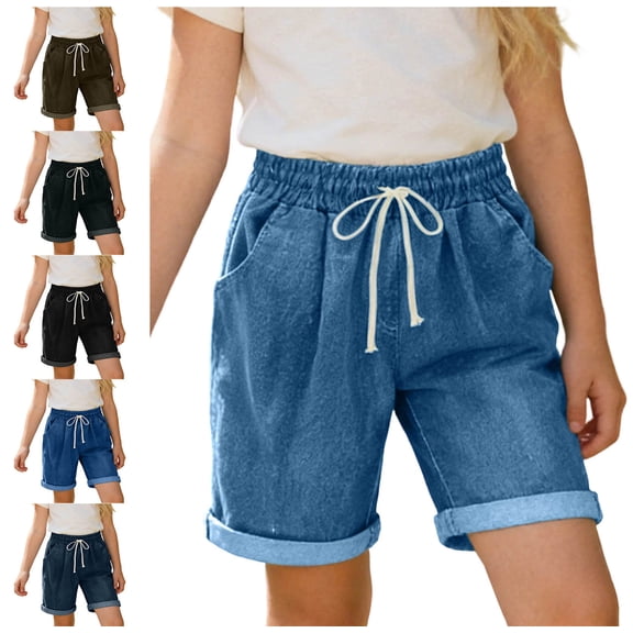 Lumosvexa Girls Denim Shorts, Adjustable Drawstring with Pockets Lightweight Casual Summer Trendy Shorts Blue 7-8