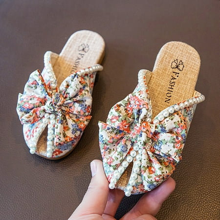 

Aayomet Girls Bowknot Slippers Pearl Soft Sole Princess Shoes Floral Baotou Slippers Girls Sandals Size 2 Pink 1