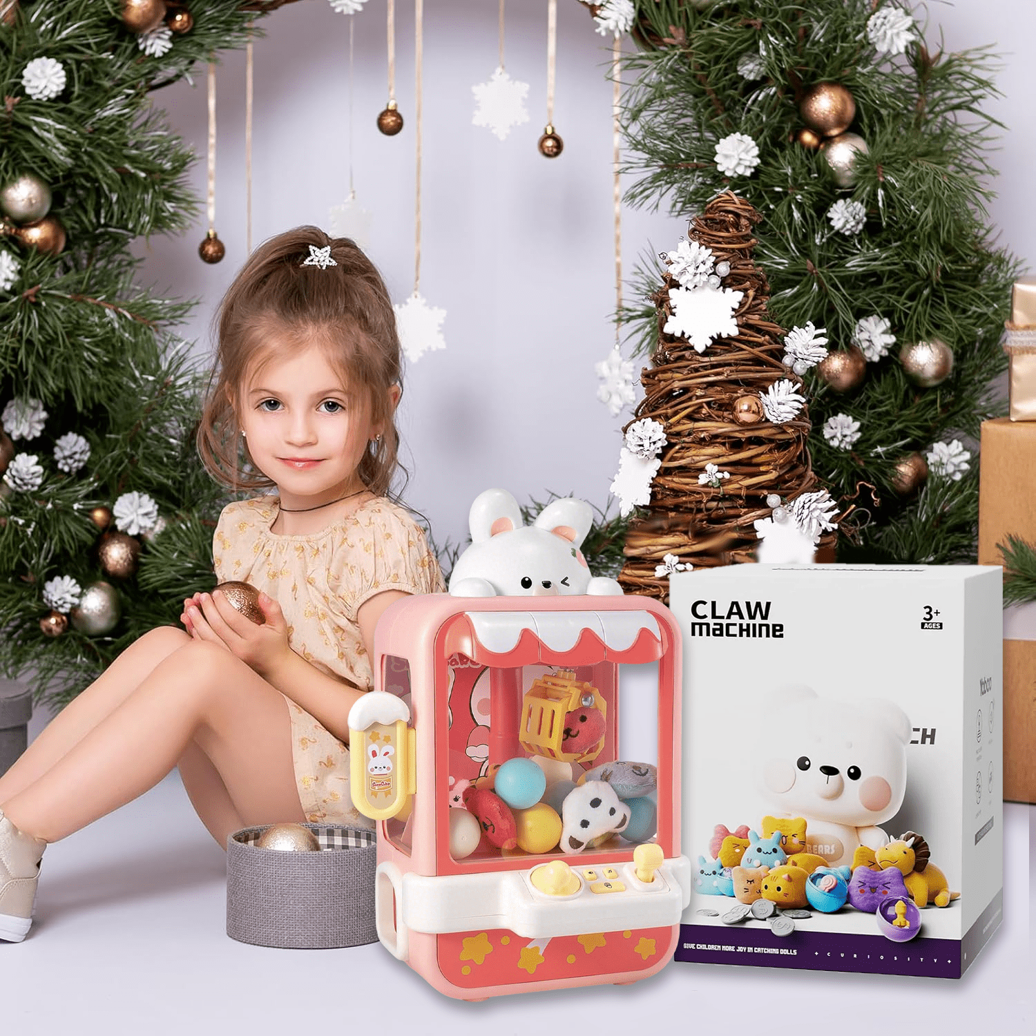 LINXUXIE  Claw Machine with Stuffed Toys,Kids Mini Vending with Music&Game Coins,Prize Dispenser for 3-5 5-8 8-12 Birthday Gift