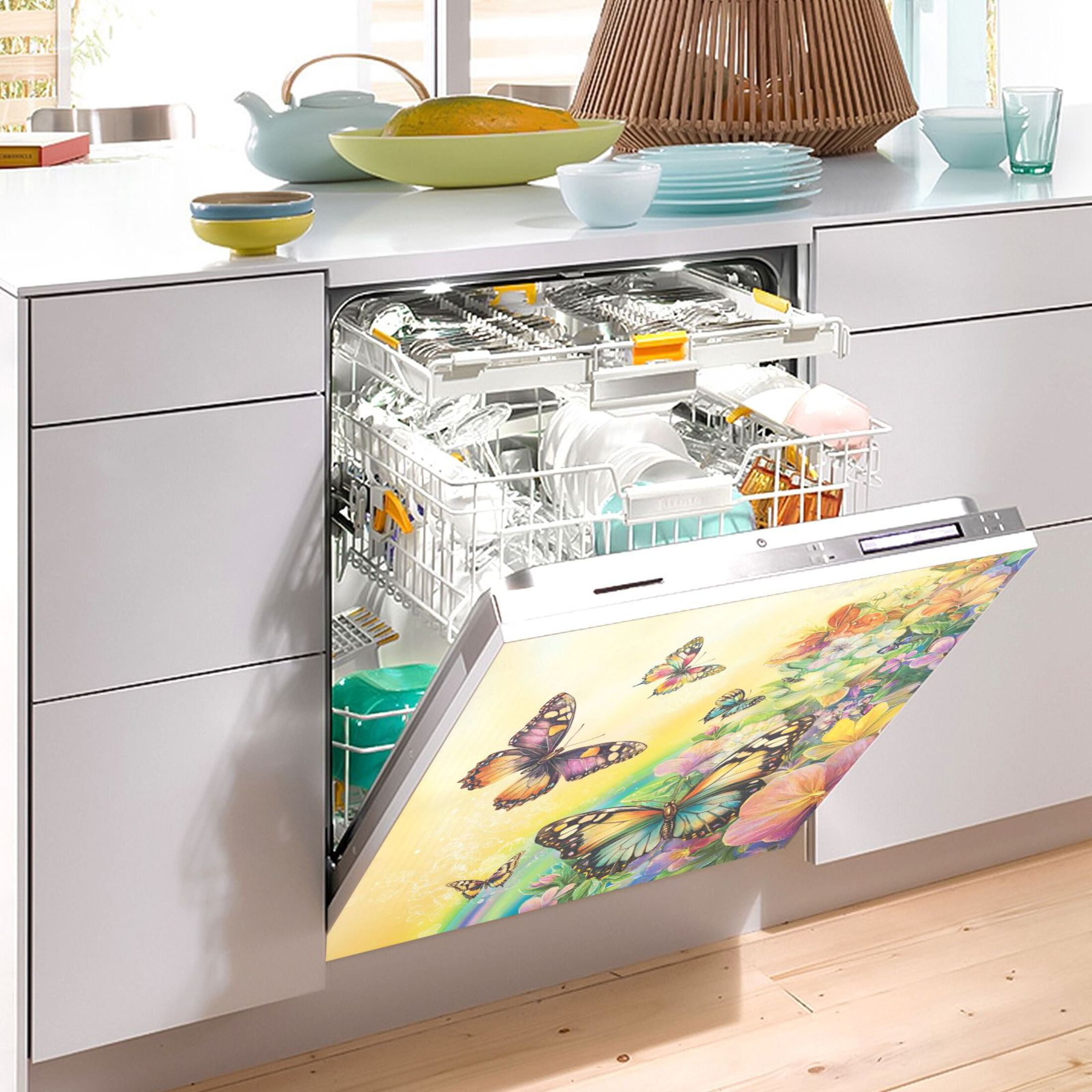 Dishwasher Magnetic Sticker 23x26 Inch Refrigerator Magnetic Sticker Washing Machine Magnetic Sticker Kitchen Panel Magnetic Sticker Home Decor Yellow Rainbow Butterfly