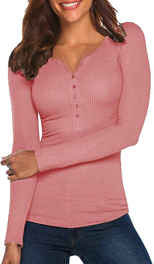 Goddessvan Womens V Neck Henley Shirts Pure Color Long Sleeve Ribbed Button Down Basic Tops 