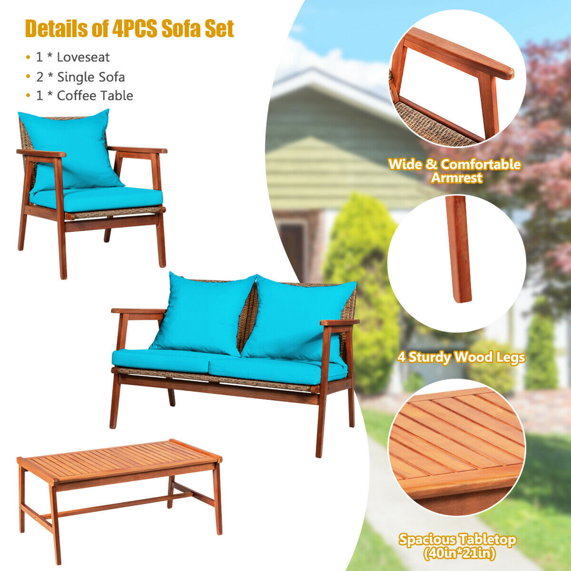Gymax Fashion 4PCS Patio Conversation Set Wood Frame Furniture Set w/ Turquoise Cushions