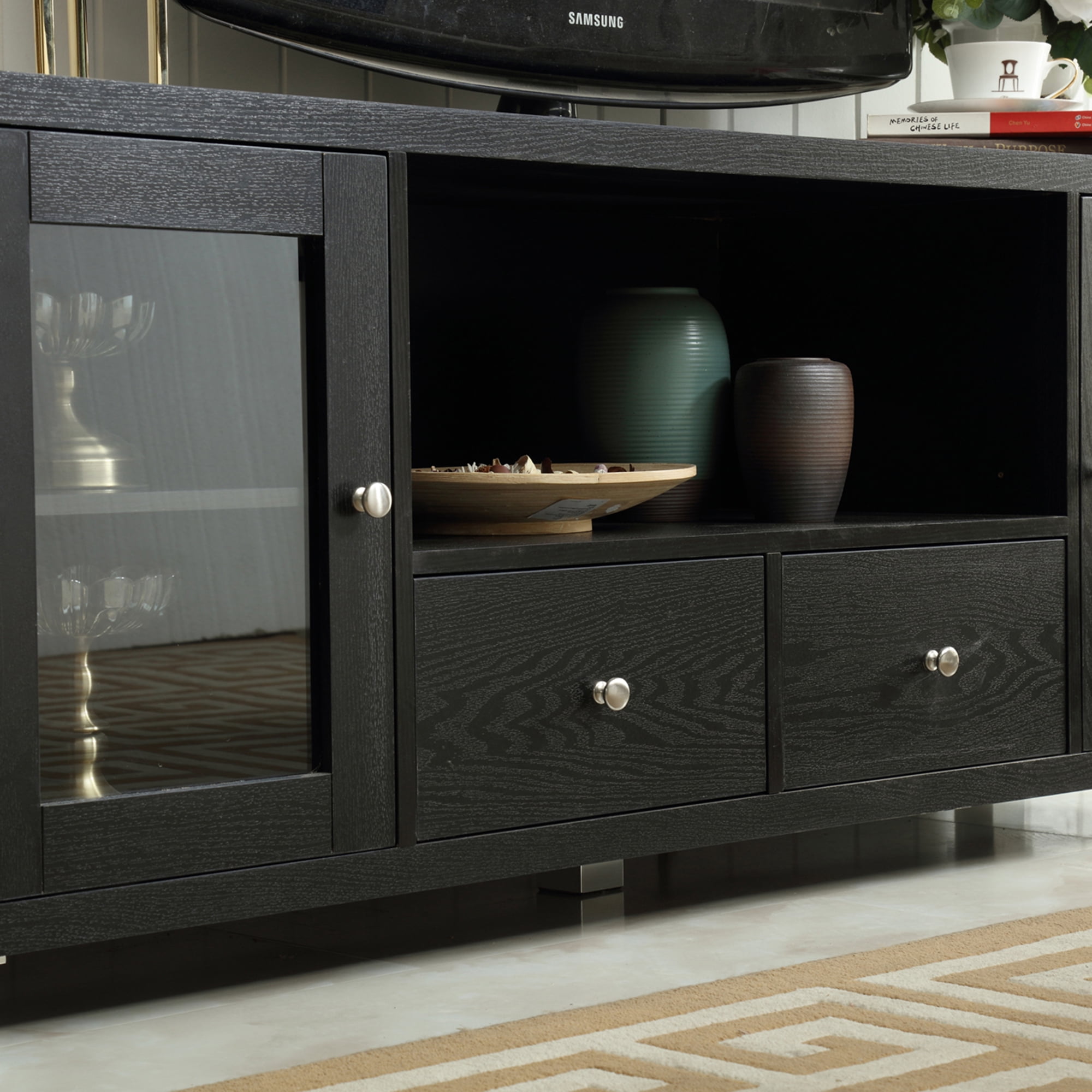 Resenkos 2 Doors and 2 Drawers TV Console for up to 58 inches Television, 55" Entertainment Center Storage Stand with Open Shelf in Black