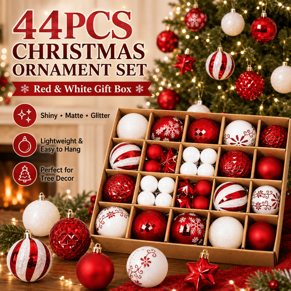 44Pcs Christmas Ornaments Various Styles of Christmas Ball Ornaments, Shatterproof Christmas Balls for Holiday Xmas Tree Decor, Hanging Ornament Decoration