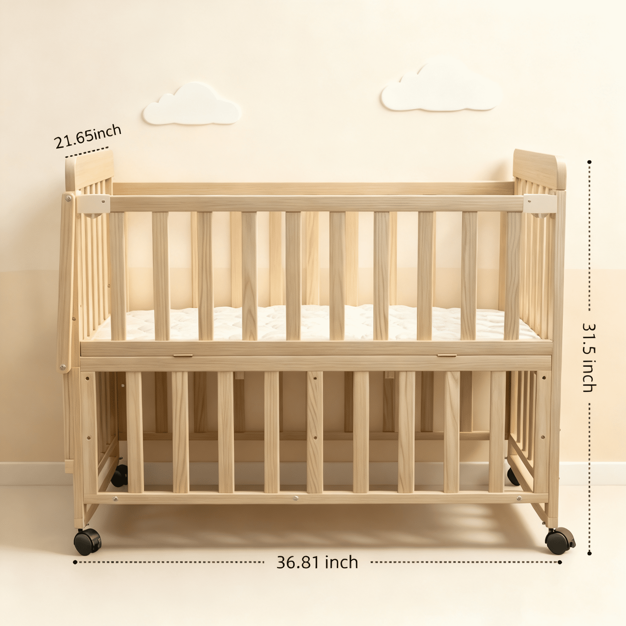 Solid Wood Baby Crib with Rocking Bassinet Function, Adjustable Height, 360° Wheels, Attached Changing Station, Convertible Bedside Sleeper for Nursery