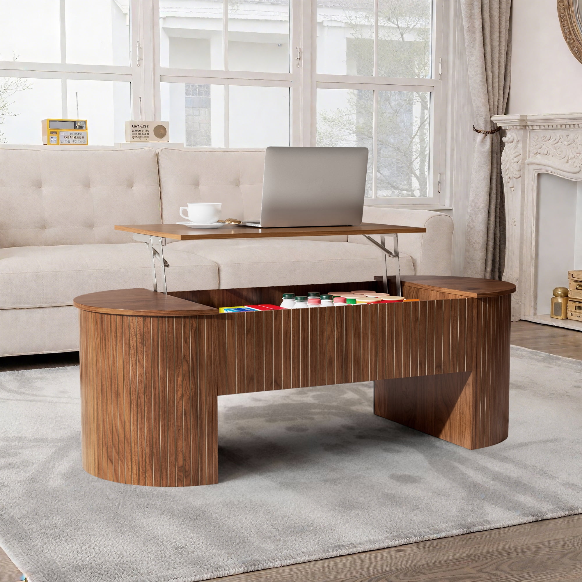 Lift Top Coffee Table with Storage, Oval Center Table with Hidden Compartment, Modern Coffee Table for Living Room, Walnut
