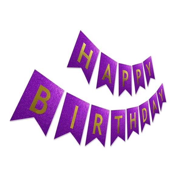 Glitter Birthday Banner, Purple Happy Birthday Sign, Pre-strung Sparkling Gold Letter Party Bunting