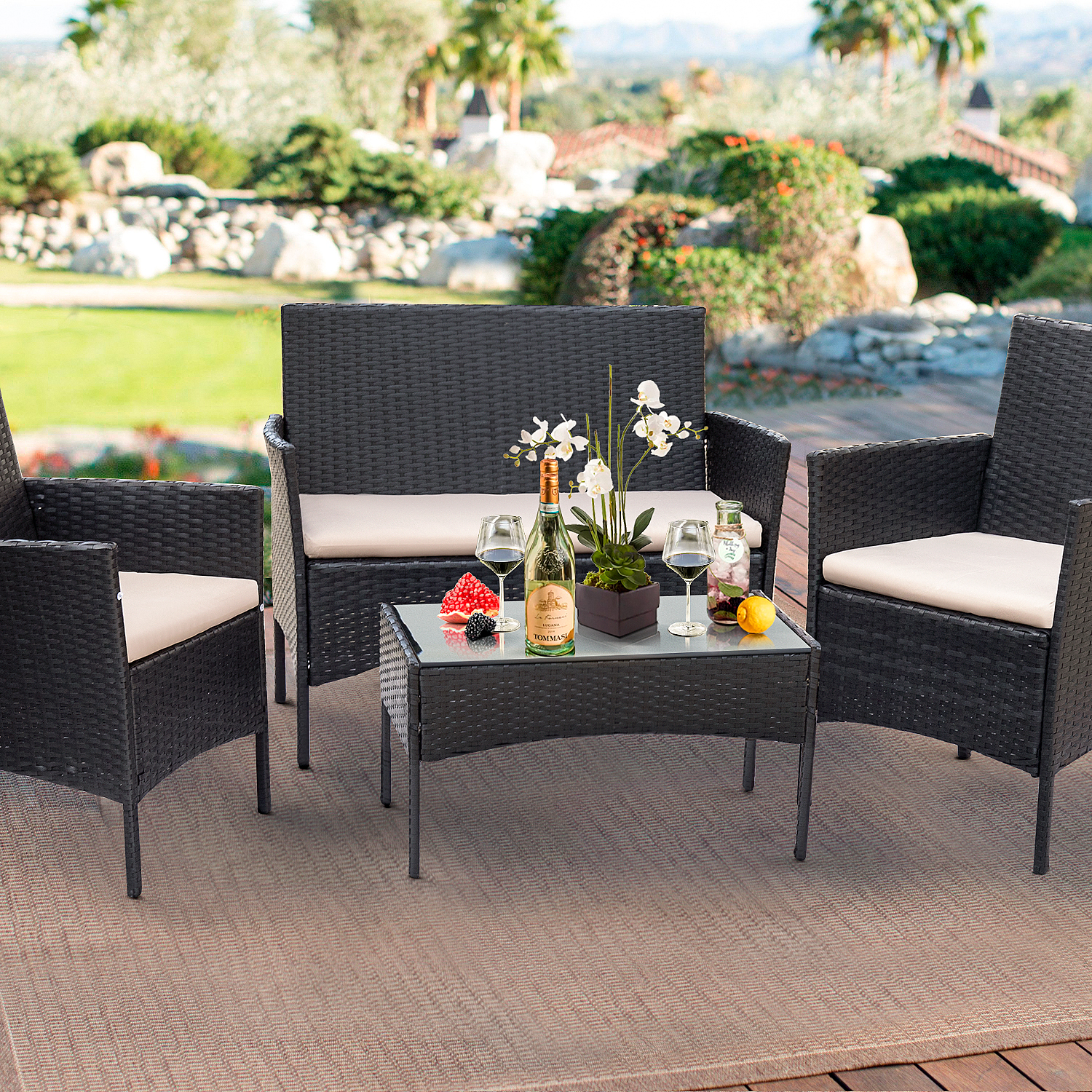 Lacoo 4 Piece Outdoor Patio Furniture PE Rattan Wicker Table and Chairs Set, Beige - image 5 of 7