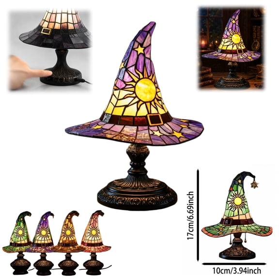 Stained Glass Witch Hat Lamp, Tiffany Style USB LED Night Light for Halloween Party & Witchy Home Decor,Purple,7.1 in