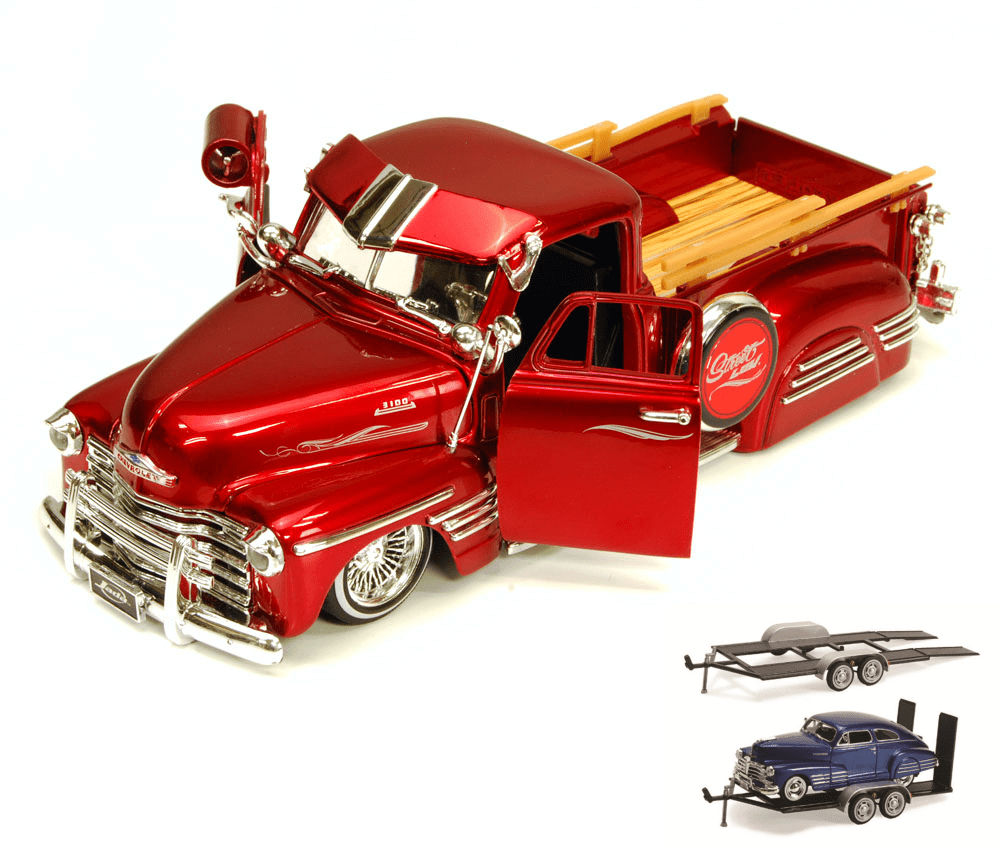 Diecast Car & Trailer Package 1951 Chevy Pickup Truck, Red Jada Toys Bigtime Kustoms 96224