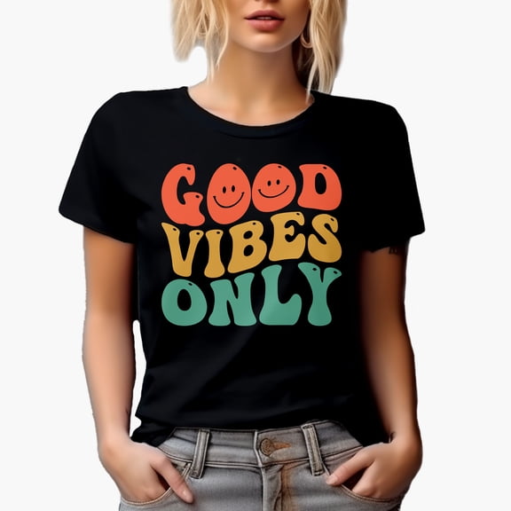 Good Vibes Only, Positivity Quote or Saying, Groovy Retro Wavy Text Merch Gift, Black T-Shirt, Small