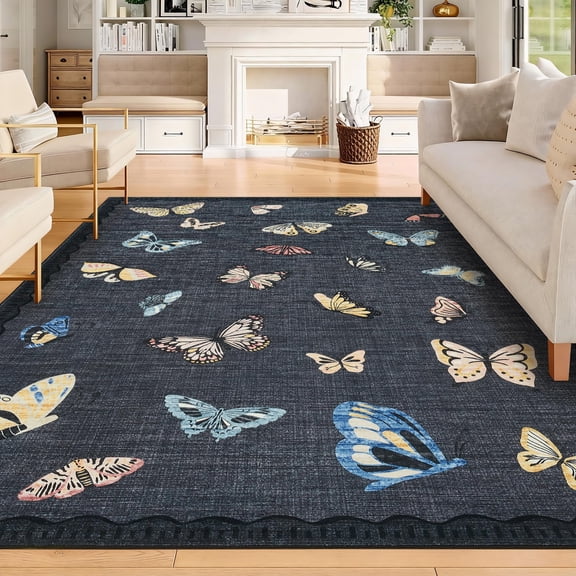 Garvee Area Rug 5x7, No-Slip Washable, Modern Butterflys Pattern Area Rug, Low-Pile Design Rug, Under Bed Carpet, for Living Room Bedroom Dining Room, Black