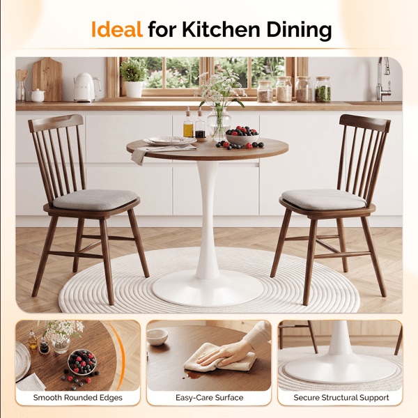 Round Tulip Dining Table, 27.6 Inch 2-Seater Kitchen Table, Melamine Laminated MDF Tabletop with Metal Pedestal Base, Easy Assembly Breakfast Table for Apartment Dining Nook, White & Walnut