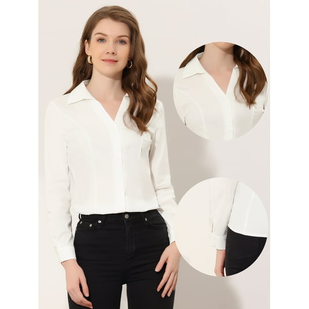 Camisa de oficina de trabajo de manga larga con botones y cuello en V para mujer blanco M Allegra K Camisa