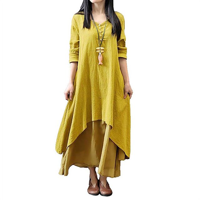 Vestido bohemio de mujer Casual Irregular Maxi Vestidos Capa Vintage Suelto Manga larga Vestido de lino con bolsillos Xemadio CJWUS-4169