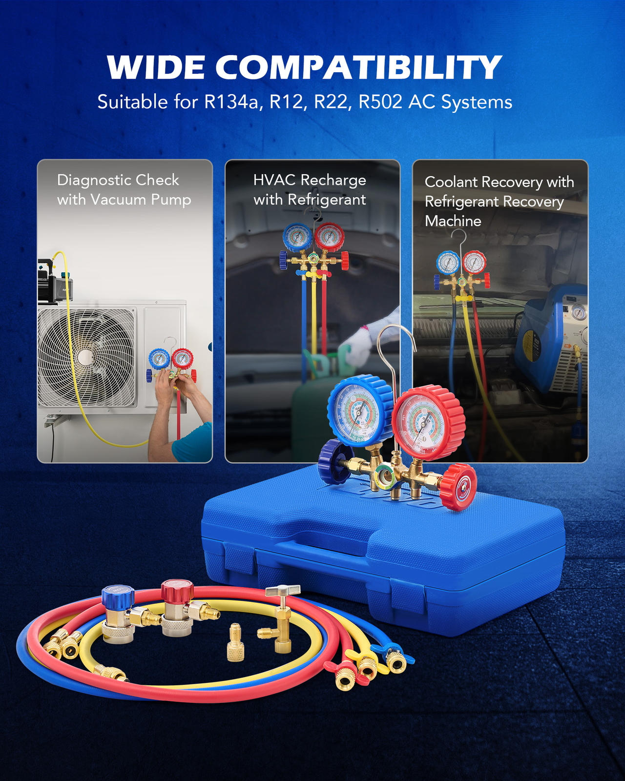 NefLaca  AC Gauge Set - 3 Way AC Manifold Gauge Set for R134A R22 R12 R502 Refrigerant, Freon Gauges with 5ft Hoses, Couplers, Can Tap Works on Car Auto Freon Charging and Evacuation