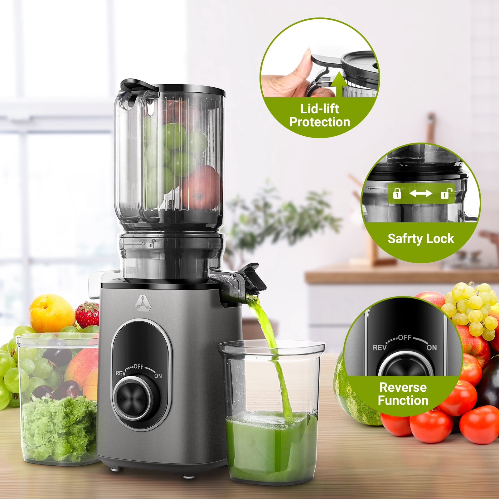 Sunmaki Juicer Machine, Portable Cold Press Juicer with 4.3" Large Feed Chute for Fruits and Vegetables,Easy to Clean 100W, Grey