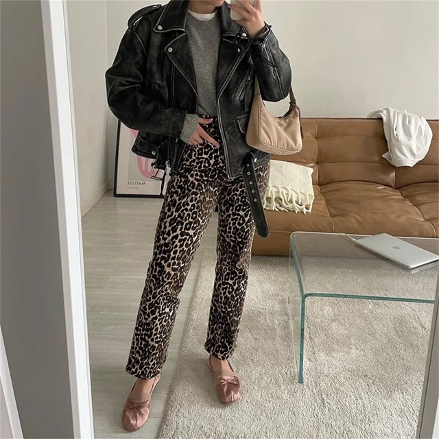 Pantalones vaqueros de leopardo Vintage para mujer, pantalones de mezclilla informales de gran tamaño, pantalones de pierna ancha, ropa de calle, ropa de Hip Hop suelta Y2K, Primavera