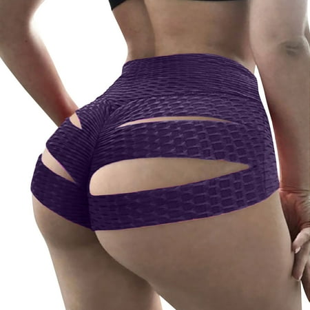Womens Yoga Shorts Pure Color Pole Shorts Brief Knicker Cut Out Panties Dance Wear Elastic Waist Plus Size Yoga Pants Purple M