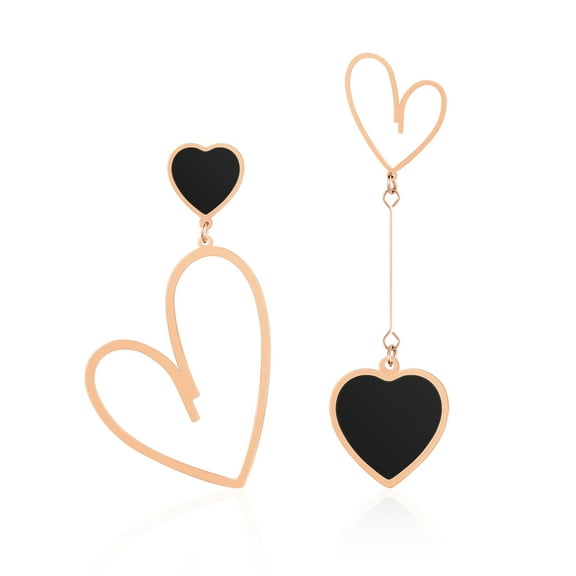 Linawe Black Heart Dangle Earrings, Rose Gold Drop Earrings Dangling, Titanium Stainless Steel Hypoallergenic Asymmetrical Earrings, Mismatched Love Earrings Cute Fun Jewelry