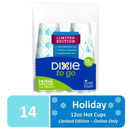 Dixie to Go Holiday Paper Hot Cups, w/ Lids, Limited Edition, 12oz 14ct