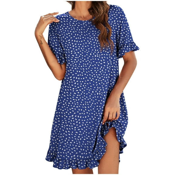 USSUMA Sundresses for Women Floral Print Short Sleeve Casual Dresses for Women Ruffle Flowy Swing Midi Dresses Women Summer Round Neck Beach Dresses Wedding Guest