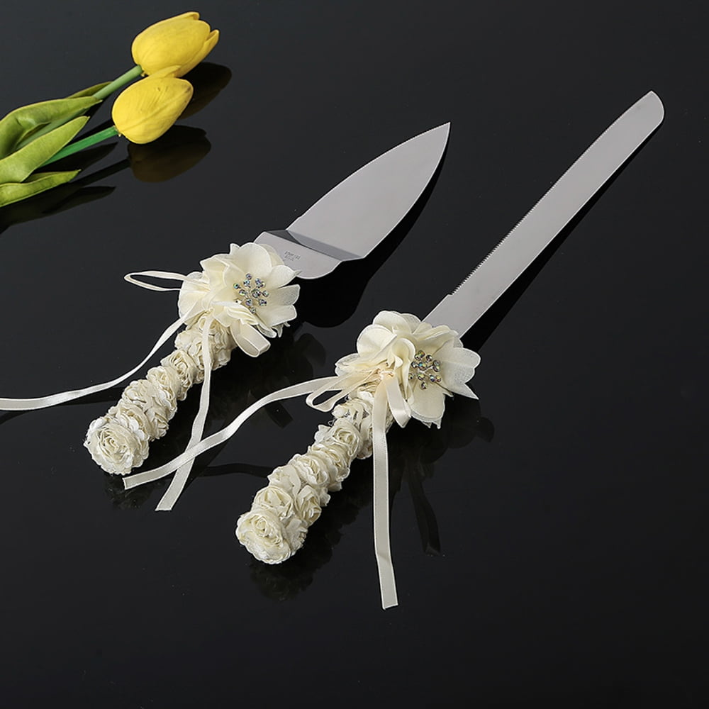 Ivory Rose Wedding Knife & Cake Server Set Bouquet Design Silk ...