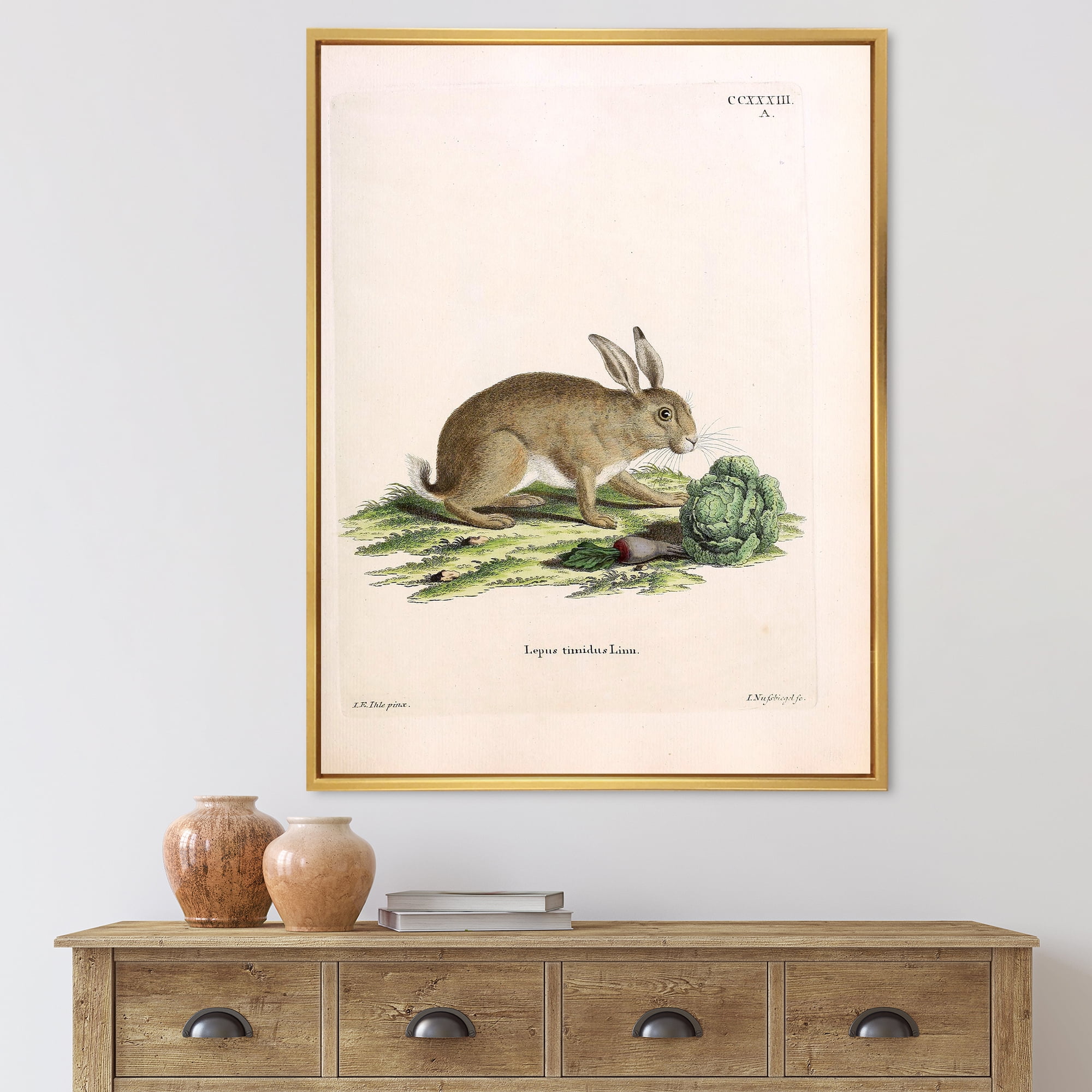 Ancient Rabbits In Earth Tones 30 in x 40 in Framed Painting Canvas Art Print, by Designart