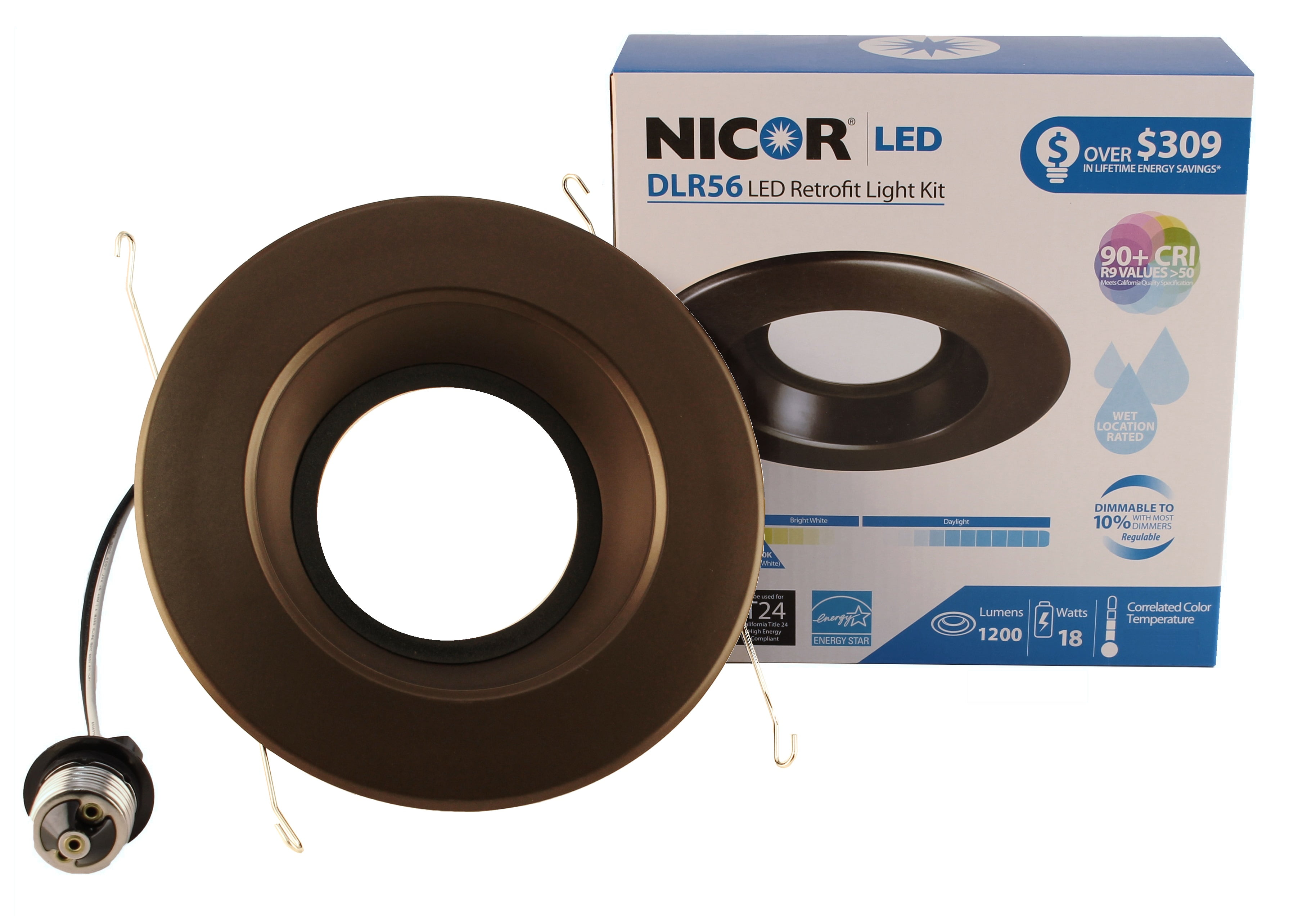 NICOR Lighting DLR56-3012-120-4K-BK 6 in 1200 lm LED Recessed Downlight in 4000K Color Temp with Black Trim, 