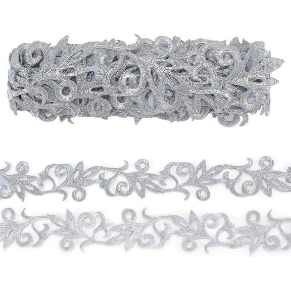 1Strand 4.37 Yards 1-3/8 inch Silver Embroidery Polyester Ribbons Iron on Metallic Flower Lace Metallic Lace Trim for DIY Handicrafts Handbags Home Decor Clothing Accessories