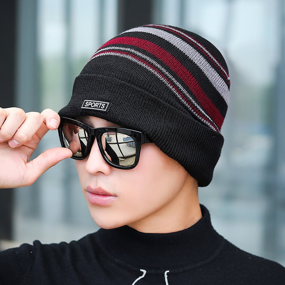 Generic Men's Winter Warm Slouchy Knitted Hat Fleece Lined Striped