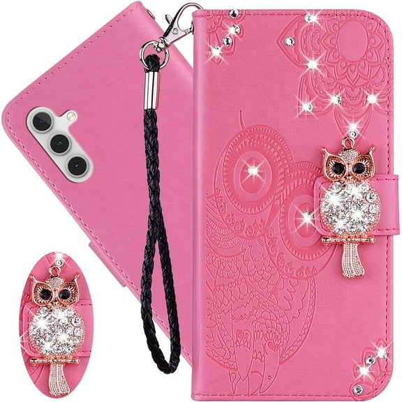for Samsung Galaxy A05S Wallet Case for Women, Glitter Bling Diamond PU Leather Folio Cover with Card Slot & Wrist Strap Phone Case for Samsung Galaxy A05S Owl Pink