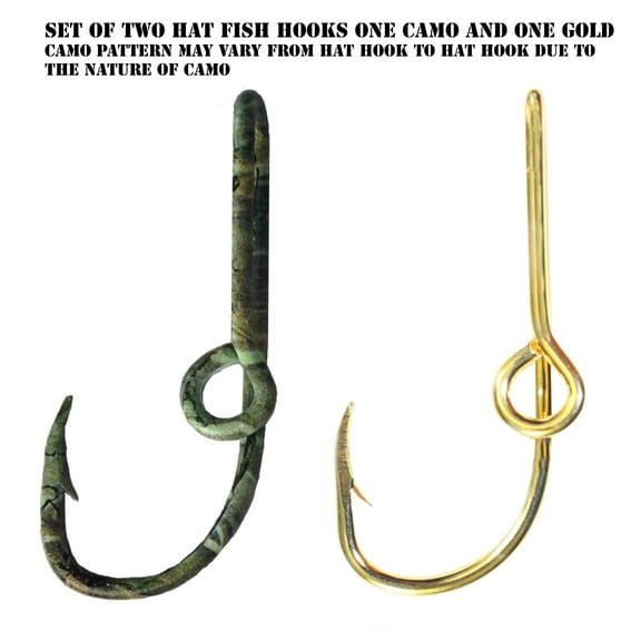 Two Fish Hook Hat Pins Camo and Gold Hat Hook Fish Hook for Hat Camo Fish Hook Clip- Set of Two Hooks one Camo and one Gold