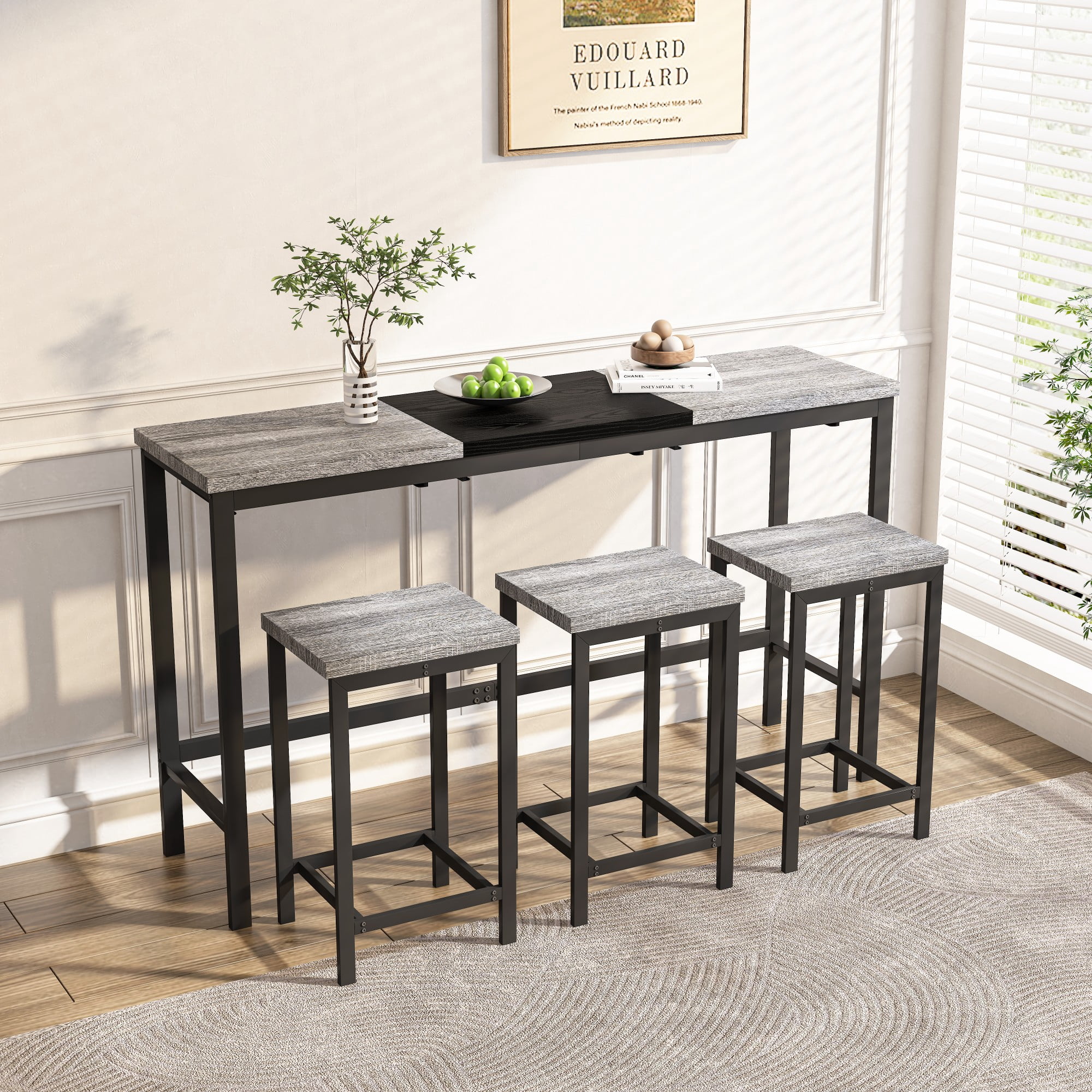 BSHTI 60.24" MDF Dining Room Table Set with Metal Frame, 3 Stools, Space-Saving Hanging Design for Kitchen（Natural+ Gray）