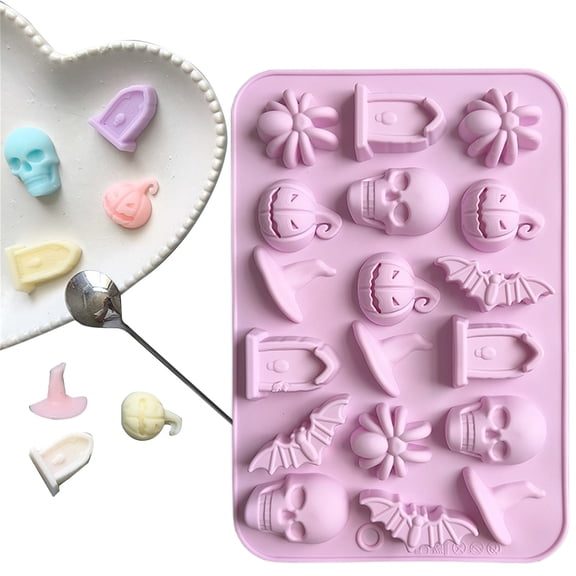 Halloween Silicone Mold, 18-Cavity Silicone Chocolate Mold, 3D Halloween Mold, Skull Pumpkin Bat Mold, Non Stick Gummy Mold, Halloween Silicone Mold for Chocolate Candy Gummy Jelly Baking, Purple